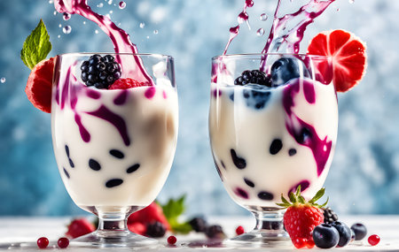 Fresh tasty cocktails with berries and sweets on table. This photo was generated using Playground AIの素材