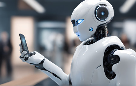 Robot working at computer among people. IT team of future. Futuristic worker. Humanoid work at call center. Support job. Technologies. This photo was generated using Playground AIの素材
