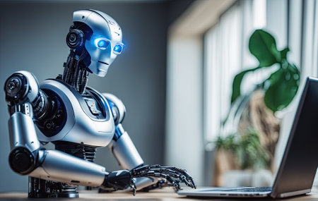 Robot working at computer among people. IT team of future. Futuristic worker. Humanoid work at call center. Support job. Technologies. This photo was generated using Playground AIの素材