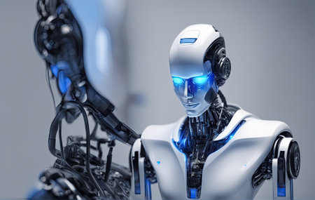 Robot working at computer among people. IT team of future. Futuristic worker. Humanoid work at call center. Support job. Technologies. This photo was generated using Playground AIの素材