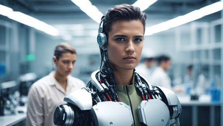 Android, robot, modern technology. work in the laboratory, in the office, introducing new modern technologies. This photo was generated using Leonardo AIの素材