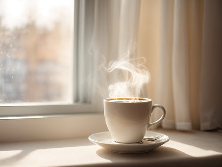 Light photo, in white and beige tones. A cup of hot coffee with steam on the windowsill. Cozy homely atmosphere in pastel colors. This photo was generated using Leonardo AI.の素材