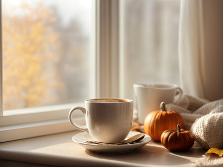 Light photo, in white and beige tones. View from the window - autumn. Cup of coffee on the windowsill. Cozy homely atmosphere in pastel colors, This photo was generated using Leonardo AI.の素材
