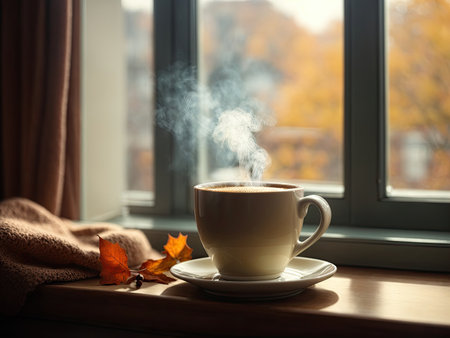cup of coffee with steam on the windowsill, view from the window - autumn. Cozy homely atmosphere in pastel colors. This photo was generated using Leonardo AI.の素材
