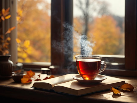 A cup of hot tea with steam on a wooden windowsill, a book lies next to it, the view from the window is autumn, autumn trees. Cozy homely atmosphere. This photo was generated using Leonardo AI.の素材