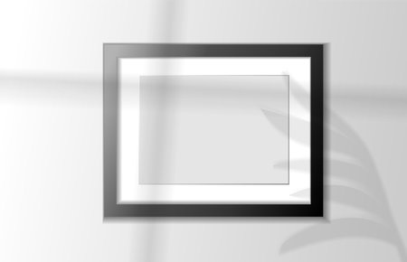 Mockup black frame photo on wall. Mock up artwork picture framed. Horizontal border with shadow, with shadow. Empty A4 photo frame. Modern stylish 3d. Design prints poster, letterhead, painting imageのイラスト素材