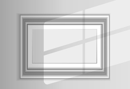 Mockup silver frame photo on wall. Mock up artwork picture framed. Horizontal border with shadow, with shadow. Empty A4 photo frame. Modern stylish 3d. Design prints poster, letterhead, painting imageのイラスト素材
