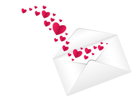 Red paper vector hearts in an envelope, valentine for valentines day. Simple minimalist banner with space for text, copy space. on a white background. Realistic vector graphics without raster effectsのイラスト素材