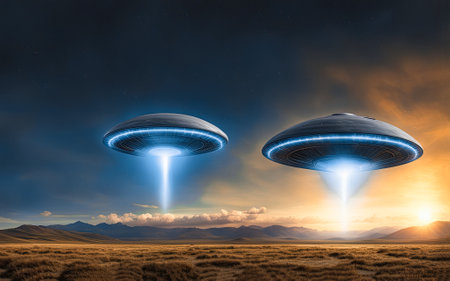 UFO an alien plate hovering over the field hovering motionless in the air Unidentified flying object, alien invasion, extraterrestrial life space travel, humanoid spaceship mixed medium Playground Ai.の素材