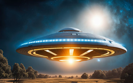 UFO an alien plate hovering over the field hovering motionless in the air Unidentified flying object, alien invasion, extraterrestrial life space travel, humanoid spaceship mixed medium Playground Ai.の素材