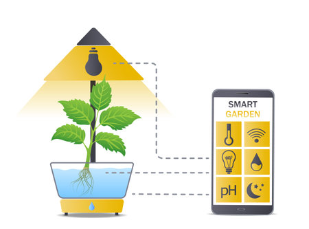 Portable hydroponic aeroponic system for eco-friendly growing of green lettuce, vegetables and herbs. With automatic smart watering system and lighting. Remote control from smartphone. Organic gardenのイラスト素材