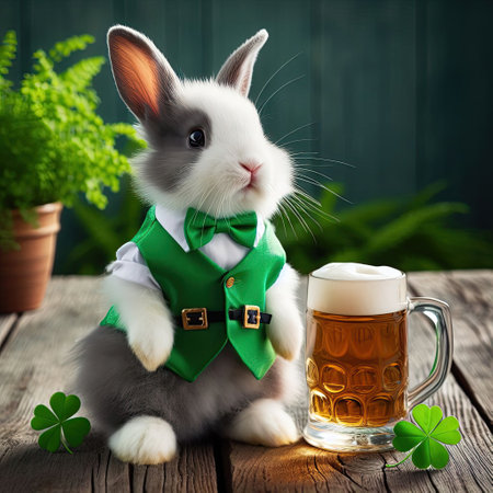 St.Patrick's Day. celebrate Patrick's Day. St. Patrick's Day party. Green men's hat or top hat. Green hat with clover. Saint Patrick is having fun. Ireland is traditional. Rabbit in a hat.の素材