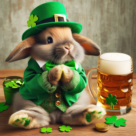 St.Patrick's Day. celebrate Patrick's Day. St. Patrick's Day party. Green men's hat or top hat. Green hat with clover. Saint Patrick is having fun. Ireland is traditional. Rabbit in a hat.の素材