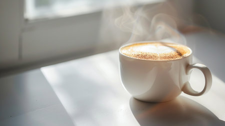 A steaming cup of coffee with a creamy froth on top rests on a wooden surface in bright, natural light near a window, suggesting a cozy morning or a relaxing break.の素材