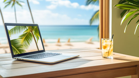 A laptop with a mouse on a wooden desk beside a refreshing drink overlooking a sunny beach, suggesting remote work or vacation relaxation.の素材