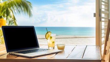 Laptop on a wooden desk with orange juice by a sunny beach window, symbolizing remote work or vacation.の素材