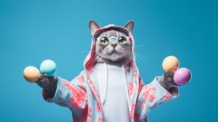 A quirky cat dressed in a pink bunny hoodie, complete with ear flaps, holds two speckled blue Easter eggs. Behind sunglasses, it strikes a playful, festive pose against a blue backdrop.の素材