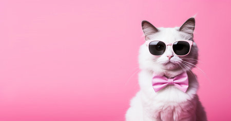 Cute white cat with glasses and pink bow tie on a pink background, leaving copy space for design or text.の素材