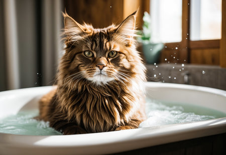 A Maine Coon cat sits calmly in a bathtub filled with water, showing the grooming aspect of Maine Coon care.の素材