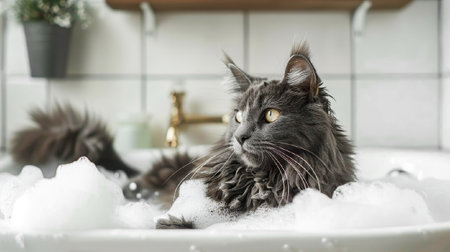 A Maine Coon cat sits calmly in a bathtub filled with water, showing the grooming aspect of Maine Coon care.の素材