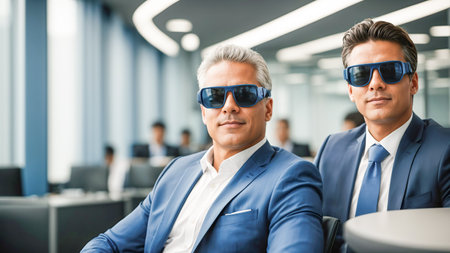 Two men, businessmen of European appearance, in a blue business suit, are in a modern bright office, the man is sitting in a VR virtual reality headset.の素材