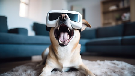 A young cheerful dog sits, in casual clothes, in a modern room, wearing a white VR virtual reality headset. daylight.の素材
