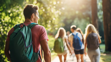 Young people in bright sportswear and sneakers, doing fitness outdoors, rucking, active jogging with a bright backpack on their back in a summer park.の素材