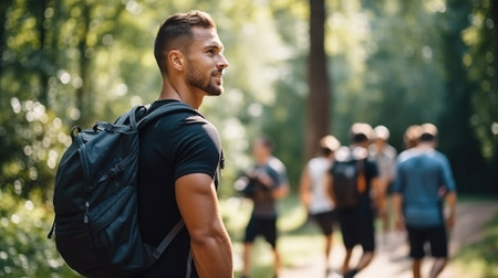 A man with a backpack enjoys nature while walking, embodying urban fitness and the trend of rucking for exercise.の素材