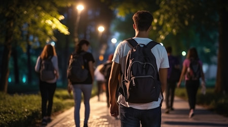 Young people in bright sportswear and sneakers, doing fitness outdoors, rucking, active jogging with a bright backpack on their back in a summer park.の素材
