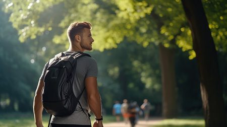 A man with a backpack enjoys nature while walking, embodying urban fitness and the trend of rucking for exercise.の素材