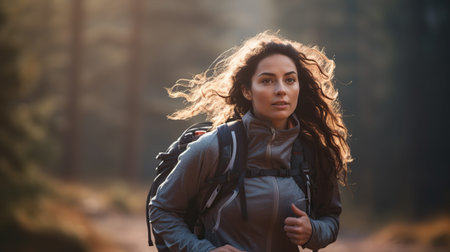 A woman in bright sportswear and sneakers, doing fitness outdoors, rucking, active jogging with a bright backpack on their back in a summer park, epitome of urban fitness trekking.の素材