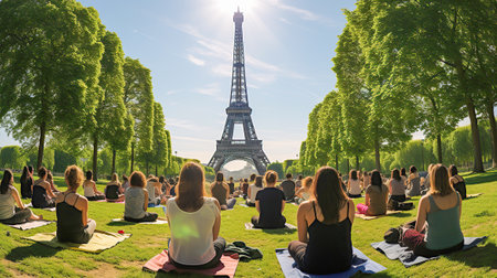 A group practicing yoga in a serene park with a stunning backdrop of the iconic Eiffel Tower basking in the Parisian sun.の素材