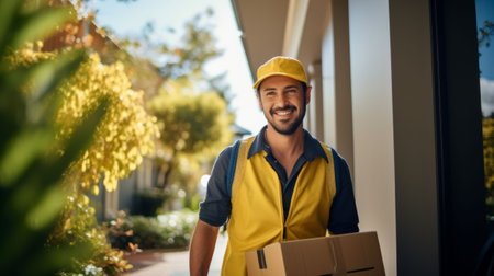 A smiling delivery man in a yellow uniform holds a package, ready to deliver it to a house trees and a porch visible in the background.の素材