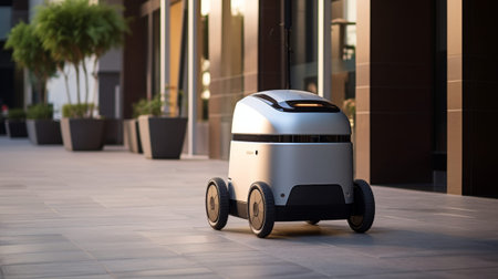 The photo shows a compact, autonomous delivery robot with a polished design, navigating a corridor indoors, possibly ready for contactless delivery.の素材