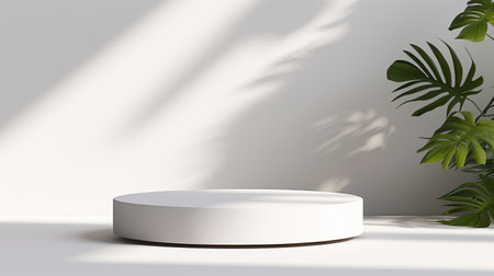 White pedestal podium in a bright room with sun rays and a monstera leaf, ideal for product display, Mockup, template.の素材