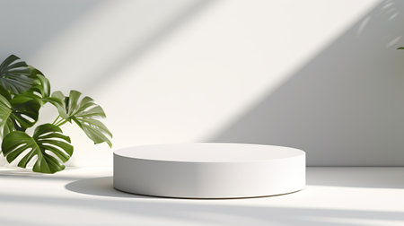 White pedestal podium in a bright room with sun rays and a monstera leaf, ideal for product display, Mockup, template.の素材