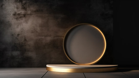A modern round podium with golden edges on a dark textured background, ideal for showcasing cosmetic products.の素材