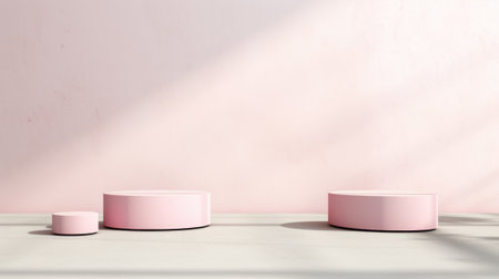 A minimalistic cosmetic display with three cylindrical pedestals in varying heights against a soft pink backdrop, ideal for showing beauty products.の素材