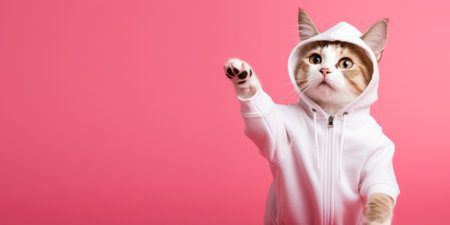 Fashion-forward cat in sunglasses and hoodie strikes a playful pose on a pink background, with ample space for your text.の素材
