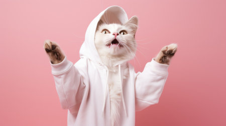 Fashion-forward cat in sunglasses and hoodie strikes a playful pose on a pink background, with ample space for your text.の素材