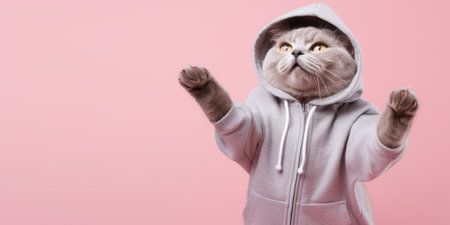 Fashion-forward cat in sunglasses and hoodie strikes a playful pose on a pink background, with ample space for your text.の素材