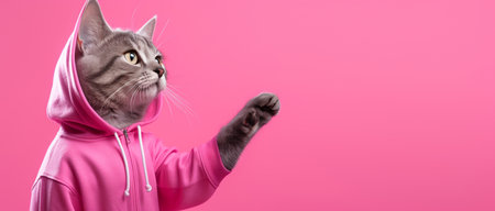 Fashion-forward cat in sunglasses and hoodie strikes a playful pose on a pink background, with ample space for your text.の素材