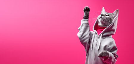 Fashion-forward cat in sunglasses and hoodie strikes a playful pose on a pink background, with ample space for your text.の素材