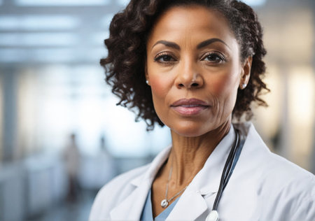 Middle aged African American woman doctor in hospital, white colors.の素材