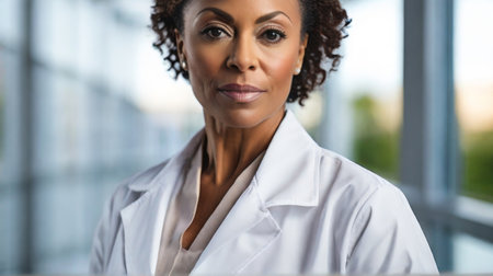 Middle aged African American woman doctor in hospital, white colors.の素材