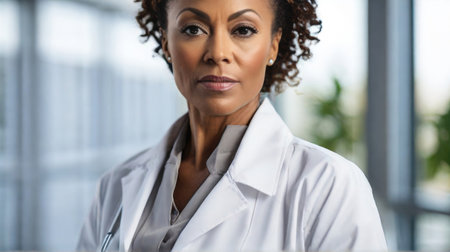 Middle aged African American woman doctor in hospital, white colors.の素材