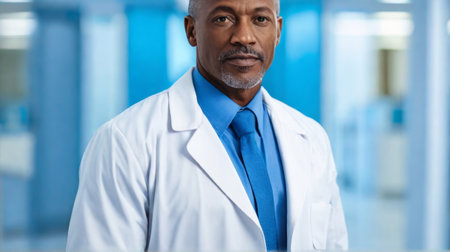 A confident male doctor in a white lab coat stands in a hospital hallway, exuding professionalism and experience, with a compassionate look.の素材