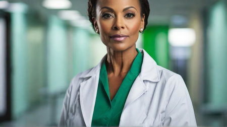 Middle aged African American woman doctor in hospital, white colors.の素材