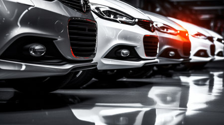 A lineup of colorful luxury cars in a show room, showcasing a prominent yellow car in front with a focus on the headlight and grille.の素材
