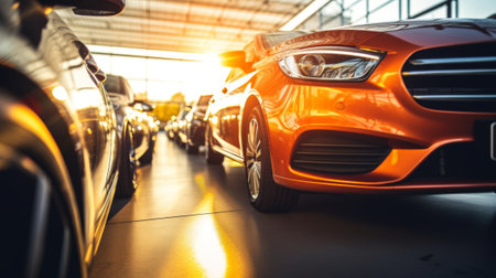 A lineup of colorful luxury cars in a show room, showcasing a prominent yellow car in front with a focus on the headlight and grille.の素材